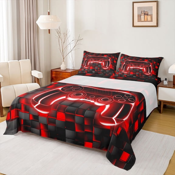 Castle Fairy Teens Red Honeycomb Gamepads Twin Sheet Sets,Video Game Bedding