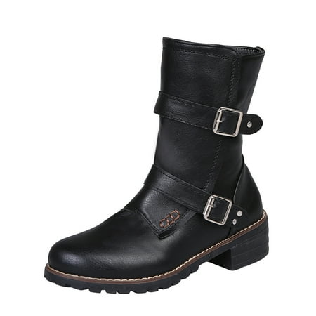 

Gomelly Womens Mid-Calf Boots Chunky Heel Casual Riding Boots Black 7