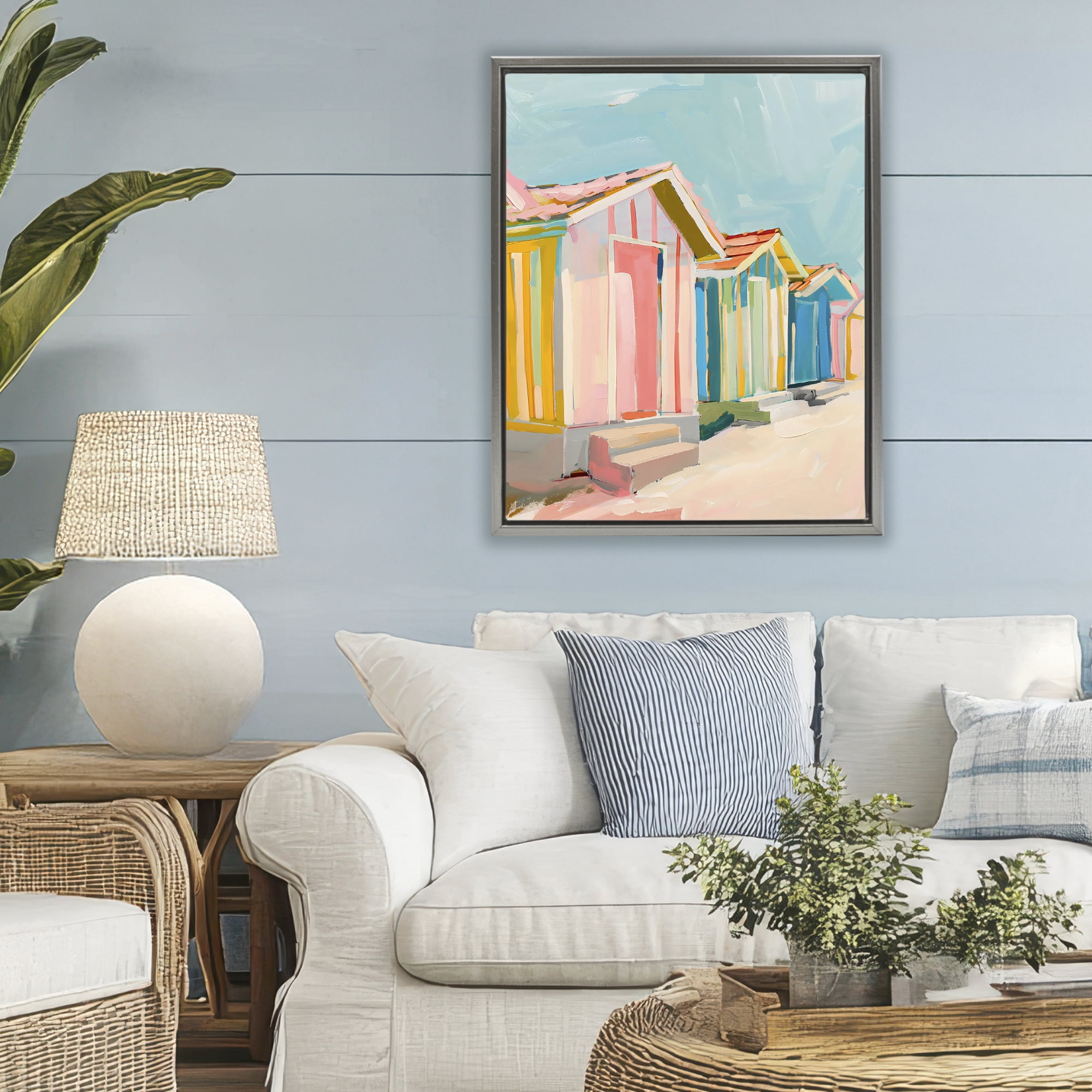 Stupell Industries Striped Beach Bungalows Gray Framed Floater Canvas Wall Art, design by The Prints Vibe