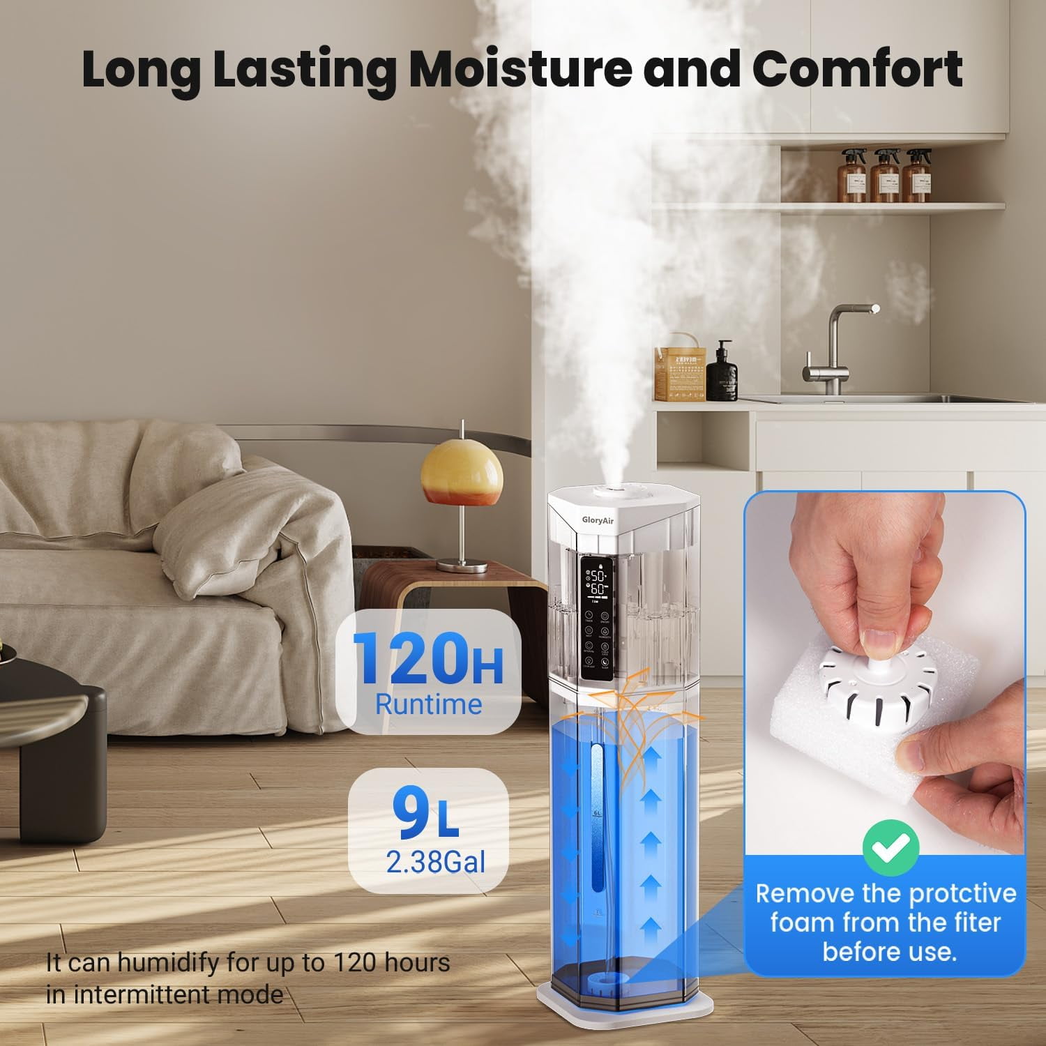 2.38Gal/9L Top Fill Cool Mist Humidifier for Large Room 500ft² 120H Last with Auto Mode 7-Color Light Humidistat Aroma Box Quiet Humidifiers for Plants Baby & Adults