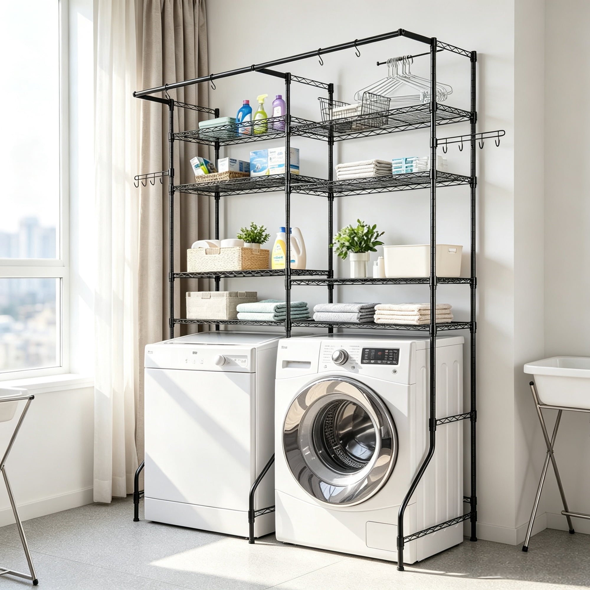 6-Tier Over Washer and Dryer Storage Shelves, Adjustable Laundry Room Organizer with Hanger Rod & Hooks