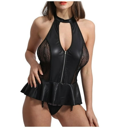 Generic New Sexy Suit Sexy Women s Halter Mesh Hollow Patent Leather Miniskirt Sexy Lingerie