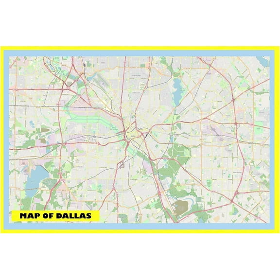 Map of Dallas 18x24 with Neighborhoods, Streets, Roads, Highways and Parks - Laminated Wall Map Poster Print - Vivid Imagery with Bright Colors