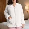 thumbnail image 2 of FAHXNVB Women's Fleece Bed Jacket V Neck Long Sleeves Button Dwon Front Pajama Jacket with Pockets Winter Soft Warm Loungwear,L,White, 2 of 8