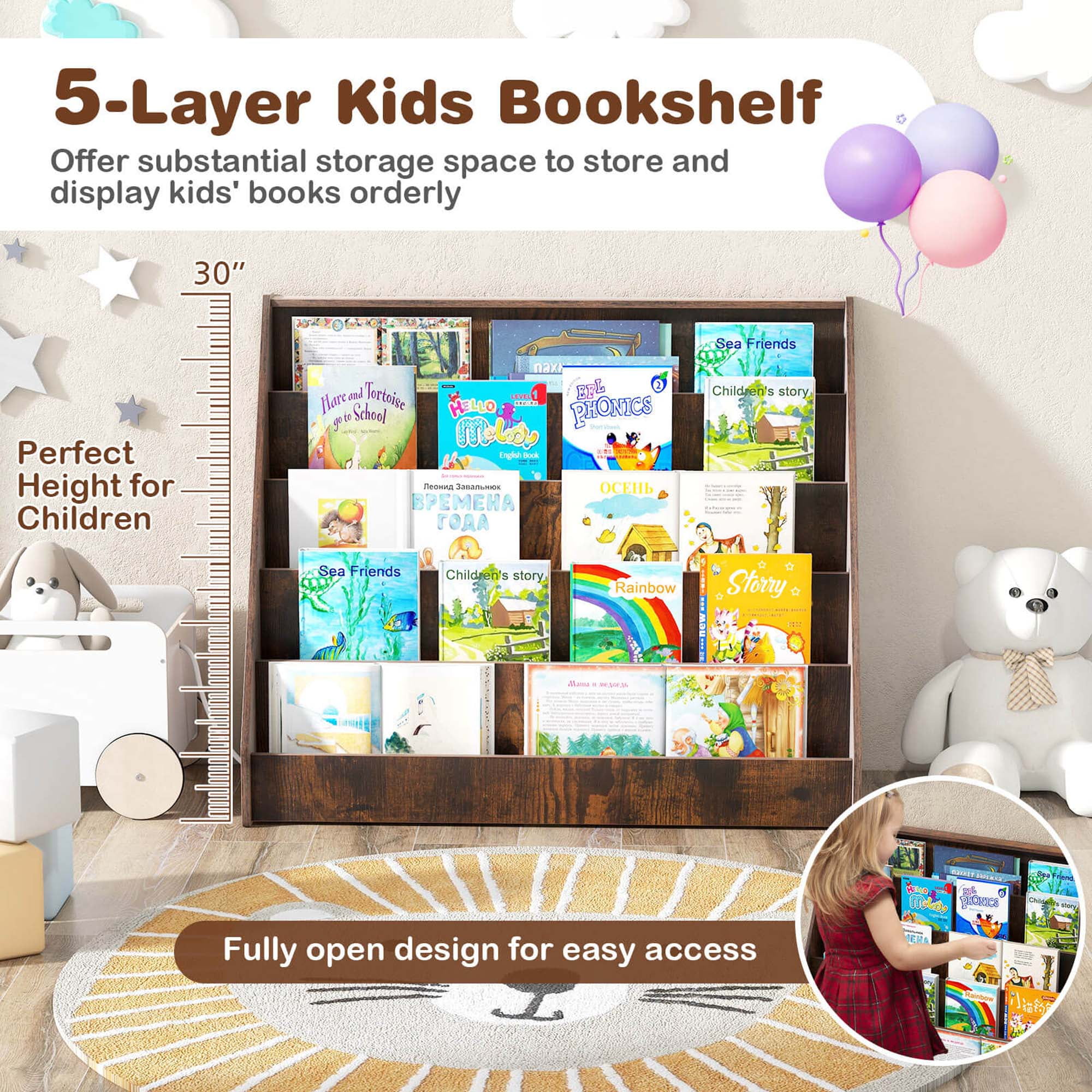 Costway 5 Tier Kids Bookshelf with Anti-Tipping Device Kids-friendly Height for Bedroom Brown
