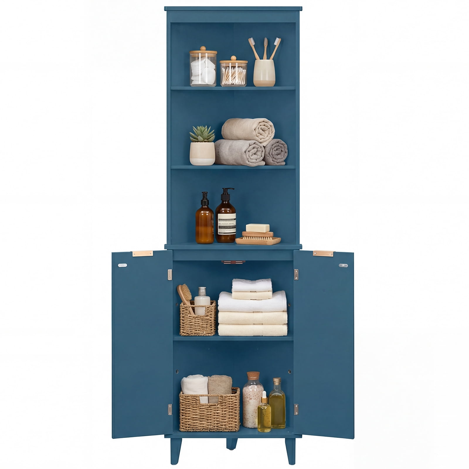 Costway 68" Tall Corner Bathroom Cabinet with Fluted Doors, Modern Bathroom Floor Storage Cabinet Blue