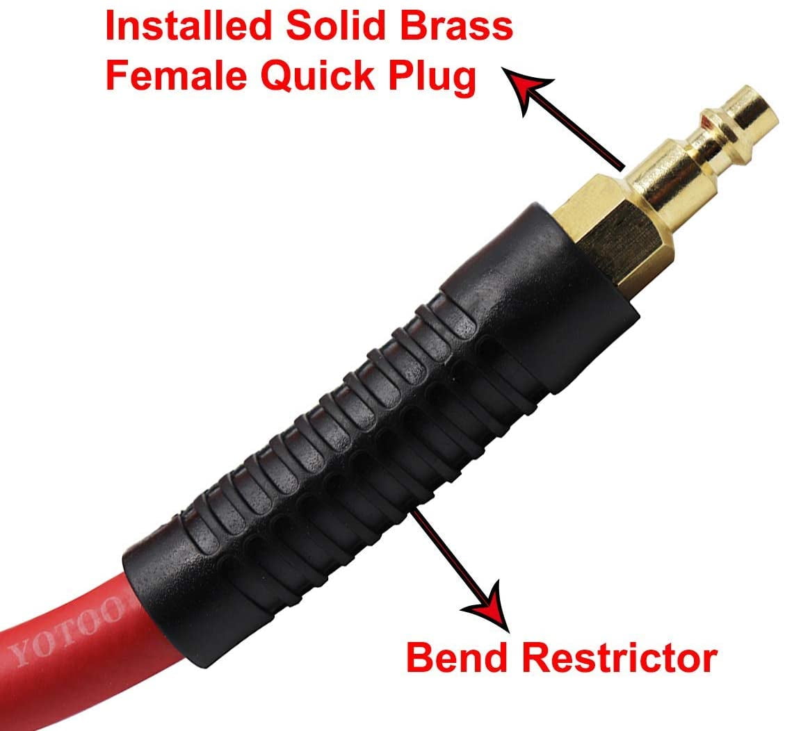 Red YOTOO Rubber Air Hose 3/8-Inch by 50-Feet 300 PSI with 1/4 Industrial Swivel Solid Brass Quick Coupler Plug and Bend Restrictors