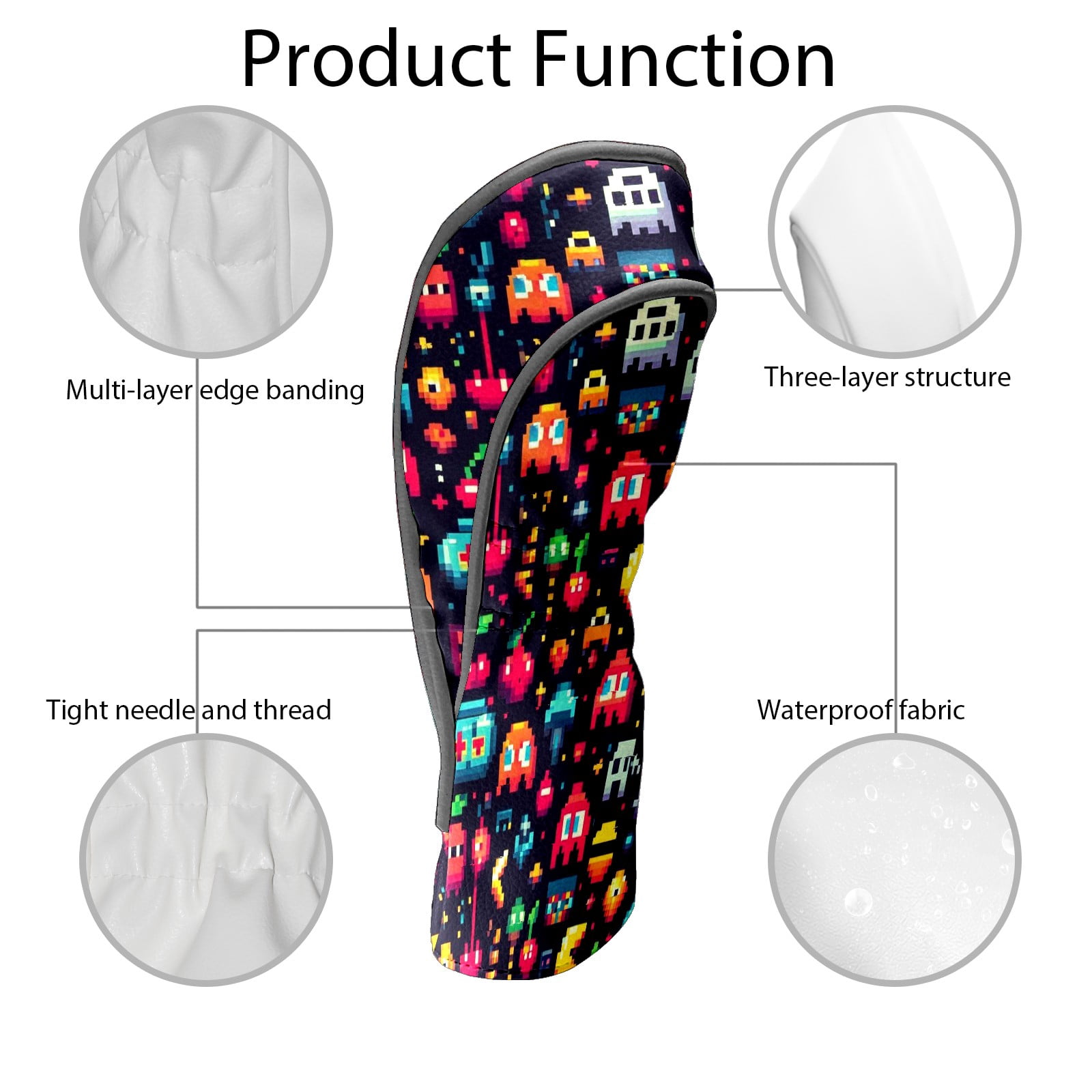 Golf Club Covers, Colorful Pixel Games Premium PU Leather Driver Hybrid Putter Head Covers with Velvet Lining, Waterproof Golf Gifts for Men Women