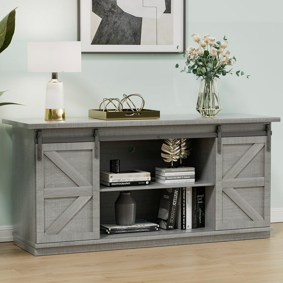 Vineego 58 Inch Farmhouse TV Stand and Entertainment Center for Televisions,with Sliding Barn Doors and Storage Cabinets,Gray