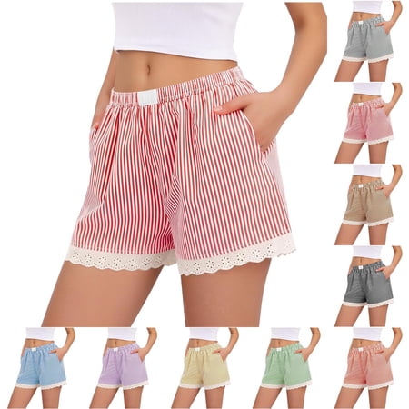 BVOFAR Plaid Shorts for Women Comfy Gingham Pajama Bottoms Loose Lace Trim Wide Leg Shorts Fashion Patchwork Summer Shorts Black XXL