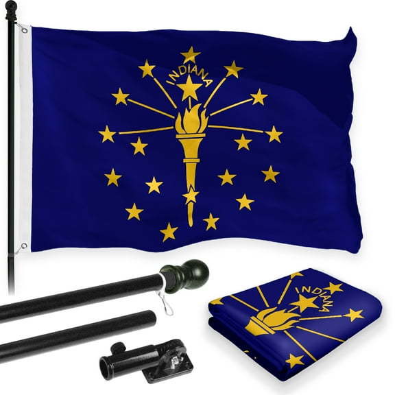 G128 Combo Pack: 6 Feet Tangle Free Spinning Flagpole (Black) Indiana IN State Flag 3x5 ft Printed 150D Brass Grommets (Flag Included) Aluminum Flag Pole