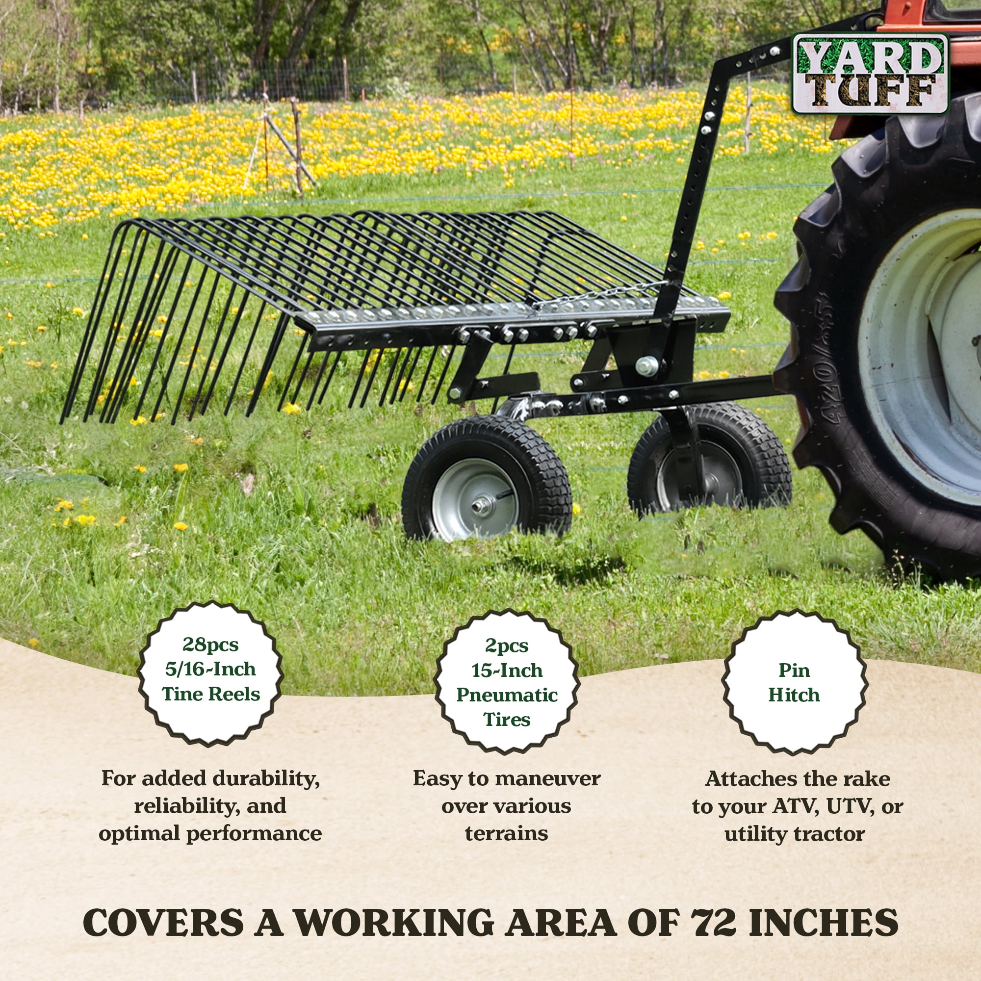 Yard Tuff 72 Inch Heavy Duty Durable Steel Pine Straw Rake With Wheels Lift Handle 28 Spring Steel Tines And Hitch For ATV UTV Or Tractor Black