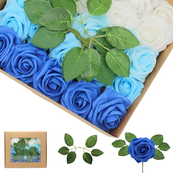 Guvpev Artificial Flowers 50Pcs Blue and White Roses Real Looking Foam Fake Roses with Leaves for DIY Wedding Bouquets Bridal Shower Party Decorations (Blue Series, 50)