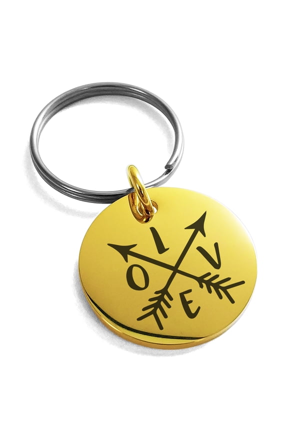 Stainless Steel Love Arrow Compass Engraved Small Medallion Circle Charm Keychain Keyring