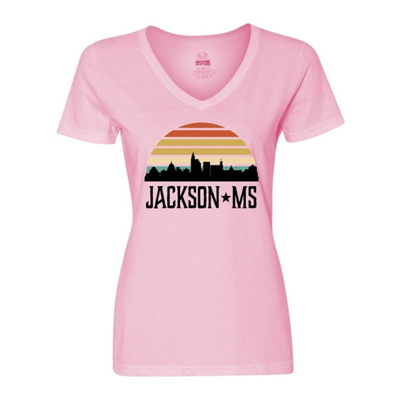 Inktastic Jackson Mississippi Skyline Retro Women's V-Neck T-Shirt