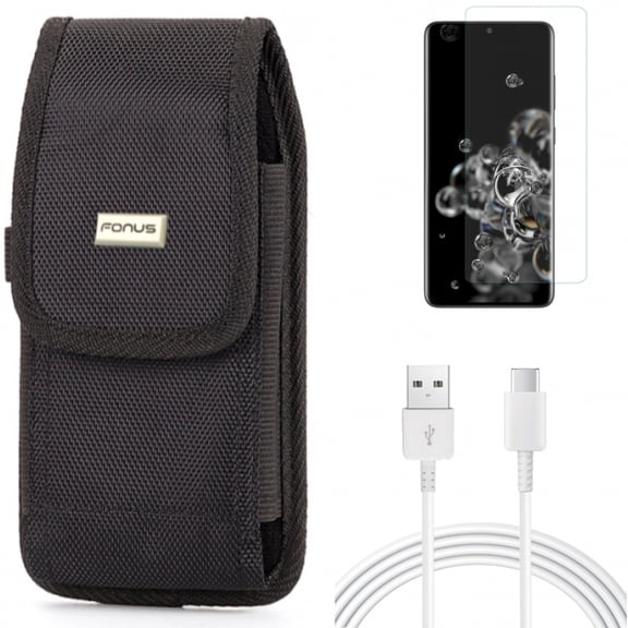 Screen Protector w Case Belt Clip w 10ft USB-C Cable for Samsung Galaxy S20 Ultra - Tempered Glass [Fingerprint Unlock] 3D Curved Edge, Swivel Holster Rugged, Type-C Charger Cord fits Galaxy S20 Ultra