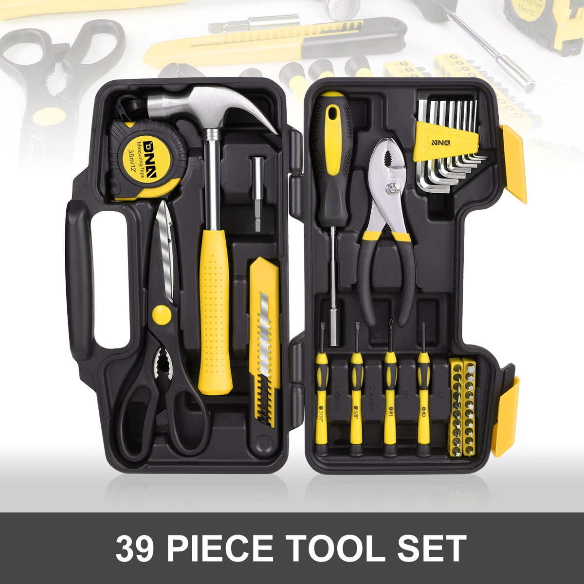 DNA Motoring Yellow 39 PCS Portable Tool Kit with Screwdriver, Pliers, Hammer, Hex Set for Household Repairs