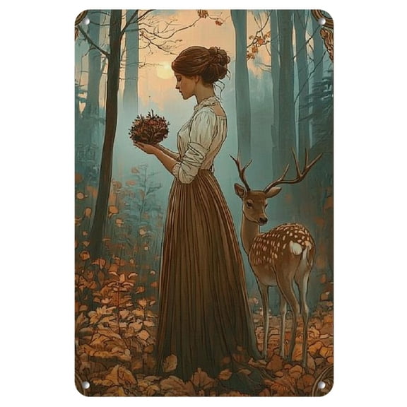 [Autumn Vibes] Charming Garden Retro Metal Tin Sign - 8x12 Inch Vintage Wall Art for Home, Bar, Cafe, Garage - Rustic Autumnal Scene with Woman and Deer, Ideal for Indoor/Outdoor Decoration