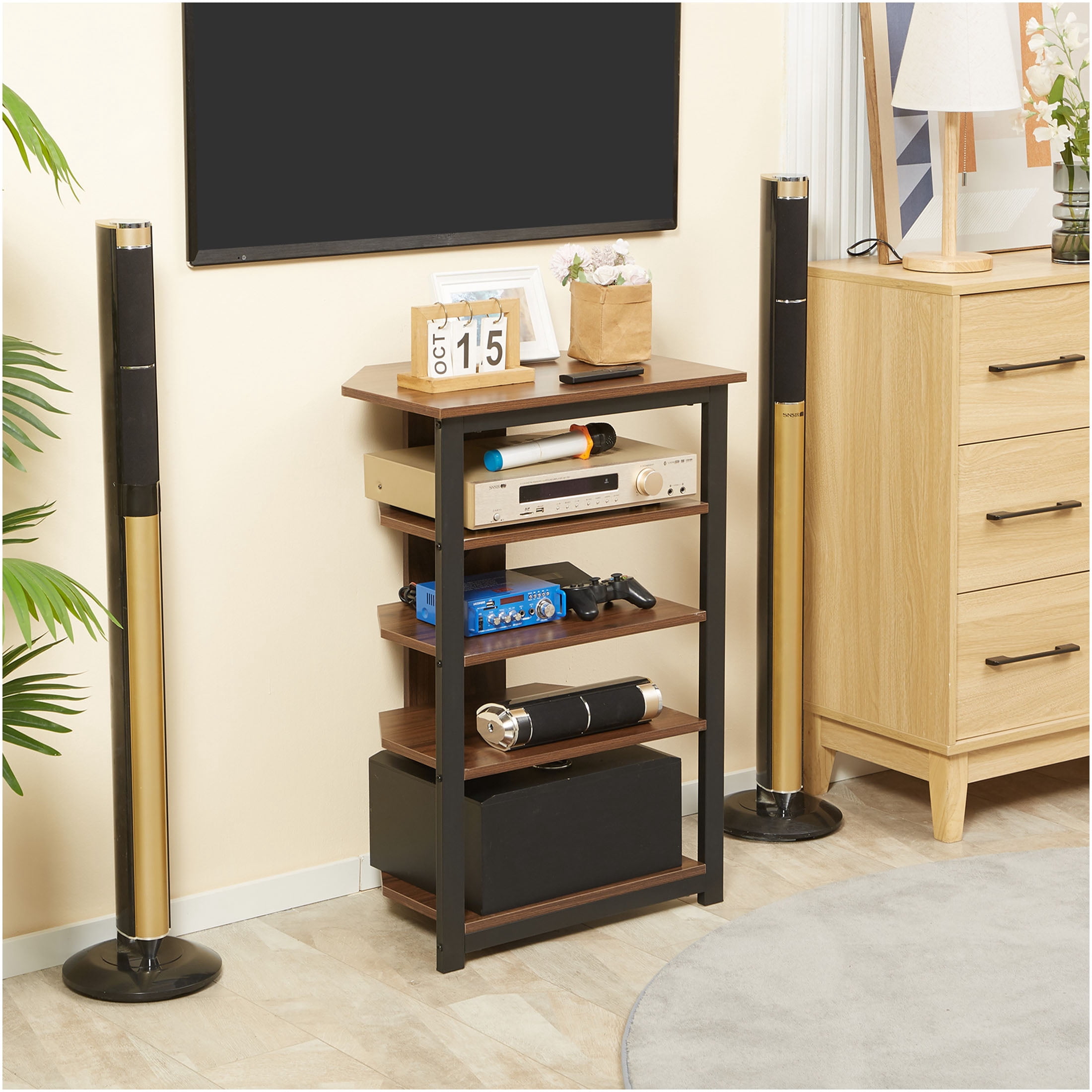 JERFIT Corner TV Stand for TVs up to 29", Brown Media Entertainment Center with Storage Shelves, Space Saving Design for Living Room