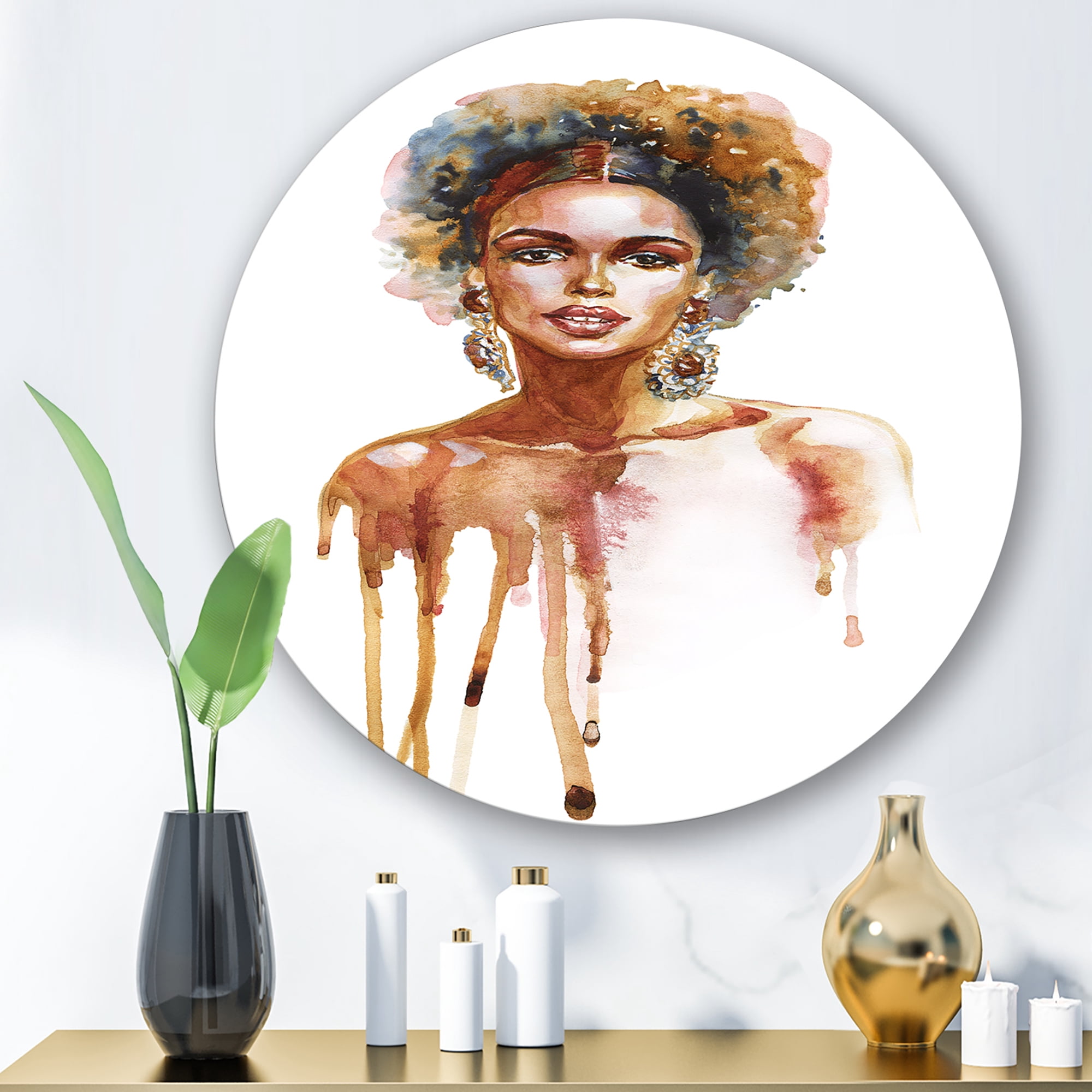 Designart 'Portrait of Afro American Woman XIII' Modern Circle Metal Wall Art 11x11 - Disc of 11