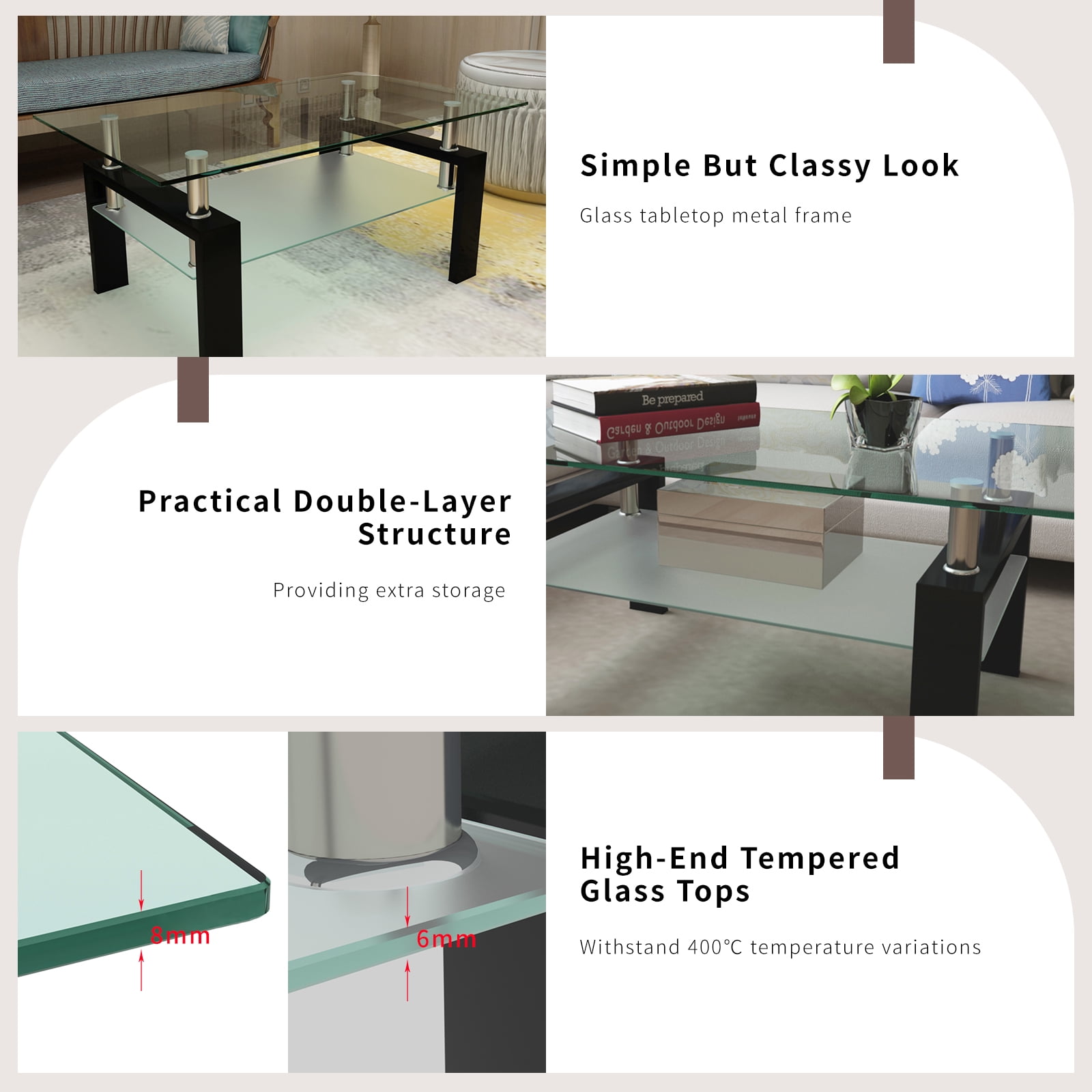 Rectangle Glass Coffee Table for Living Room, Center Table, Sofa Table, with Black Metal Legs, Clear Tempered Glass Top (Black, Coffee Table)