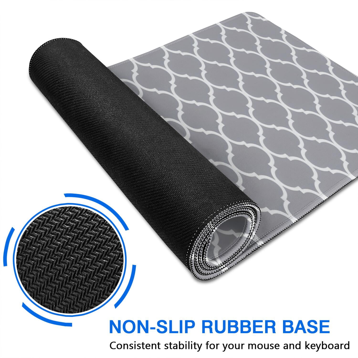 Long Mouse Pads for Desk,Gray Geometric Quatrefoil Pattern Desk Mats on Top Of Desks, Desk Mouse Pad Extra Large with 3mm Non-Slip Base and Stitched Edge for Gaming,Office,Work,Home 31.5"x15.7"