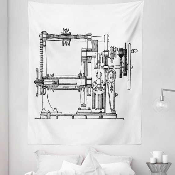 Engineering Theme Tapestry, Monochrome Hand Sketched Old Antique Industrial Machine Structure Tools, Fabric Wall Hanging Decor for Bedroom Living Room Dorm, 5 Sizes, White Black, by Ambesonne