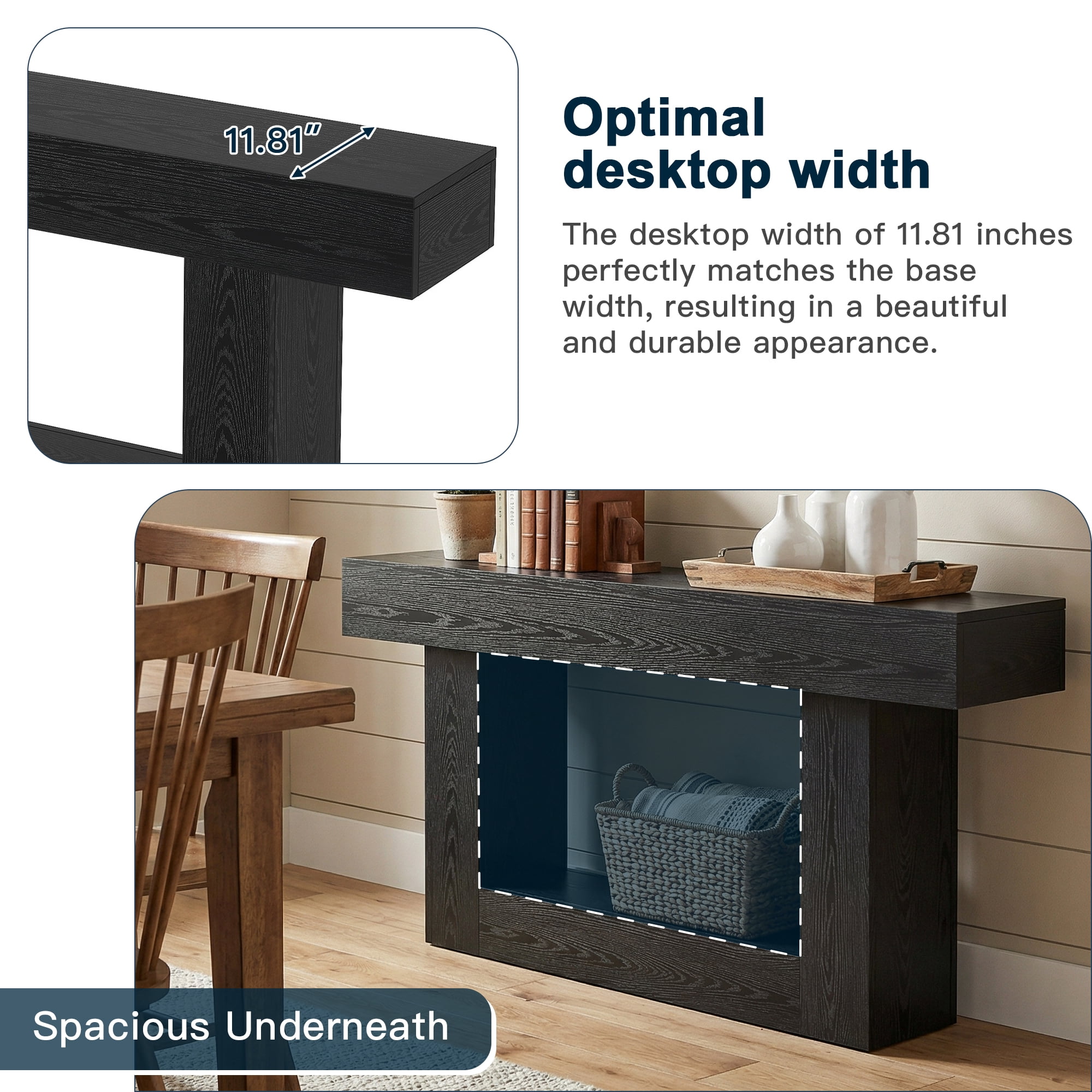 Demi Bonn 63" Wood Console Table, Farmhouse 2-Tier Sofa Table Entryway Table, Foyer Display Table, Black