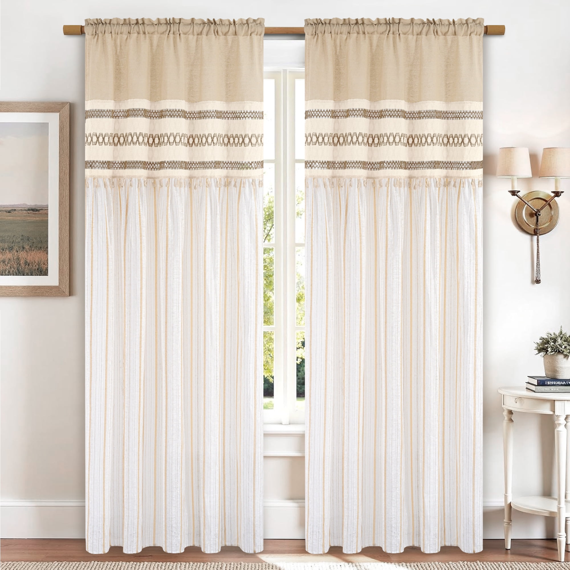 Alishomtll Boho Linen Light Filtering Curtains 84 Inches Long Farmhouse Rustic Striped Drapes Macrame Burlap ,Rod Pocket  ,Beige ,with Tassel