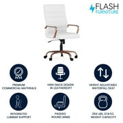 Flash Furniture Whitney High-Back Swivel LeatherSoft Desk Chair with Armrests, White/Rose Gold