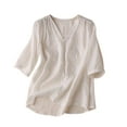 thumbnail image 2 of AOOCHASLIY Back to School Clearaces Women's Solid Colour Cotton and Linen Embroidery Vintage Literary Short Sleeve V-Neck Five Points Sleeve Top, 2 of 5