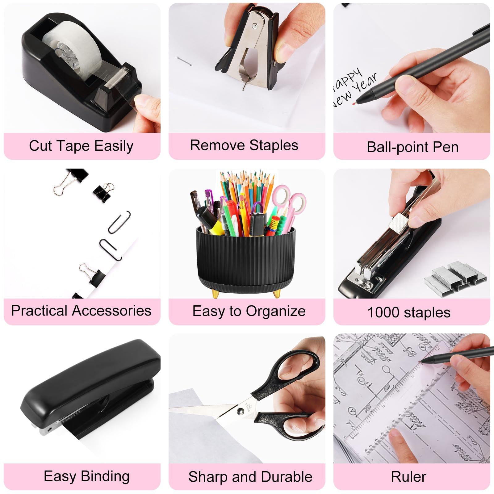 Black Desk Organizers And Accessories Set With 360-degree Rotating Pen Holder  Tape Dispenser Stapler Staple Remover 1000 Staples Clips Ruler Scissor
