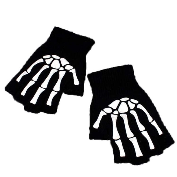 Venta de guantes sin dedos góticos de punto negros con huesos de esqueleto blancos Punk UK--