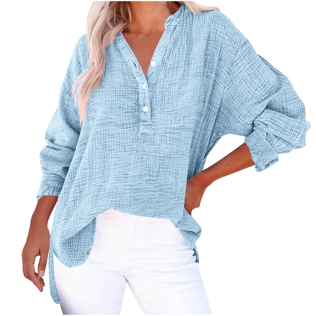 cfhntfmh Womens Chiffon Shirts Loose V Neck Buttons Solid Color Basic T-Shirts Fall Casual Loose Long Sleeve Lounge Tops