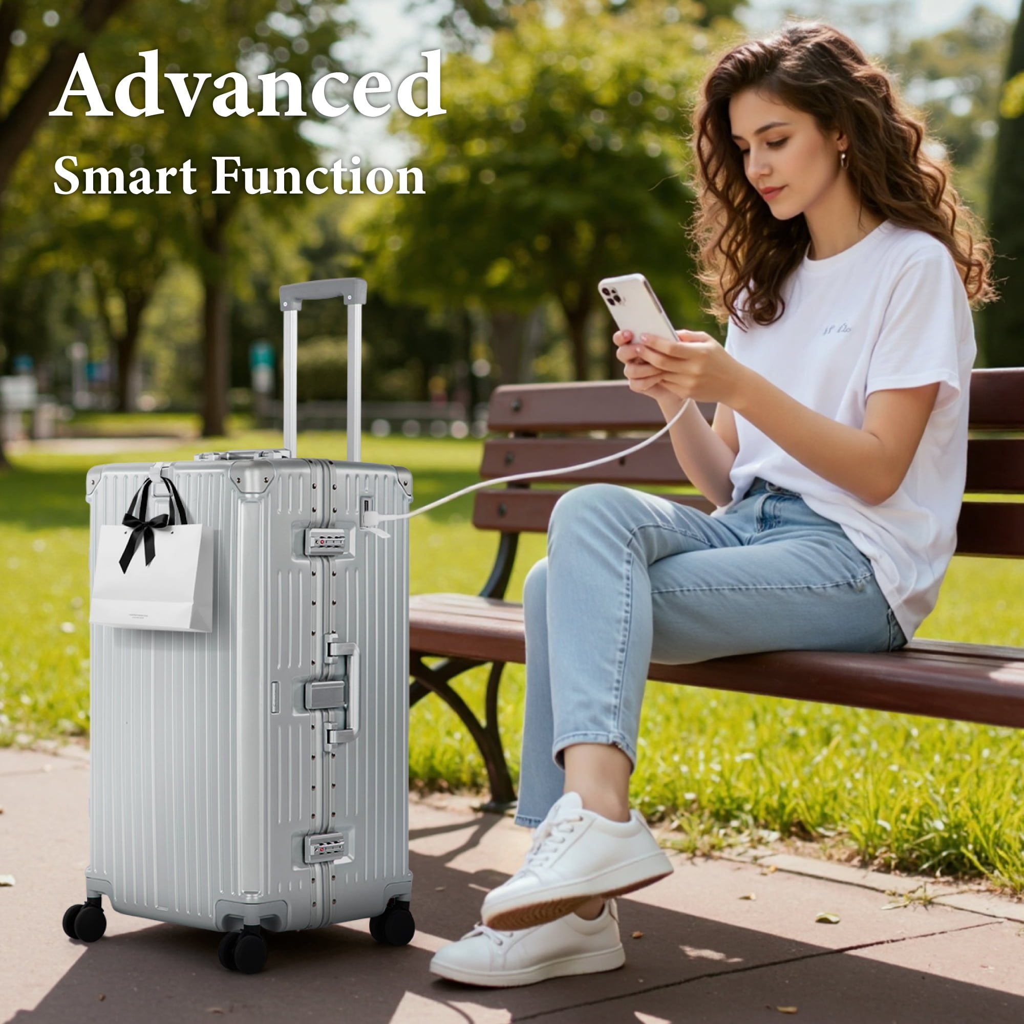 MF Studio 24 Inch Checked Trunk Luggage, Lightweight Zipperless PC Hardshell Suitcase with Aluminum Frame, TSA Locks, Spinner Wheels, USB Charging Port, Siliver Gray