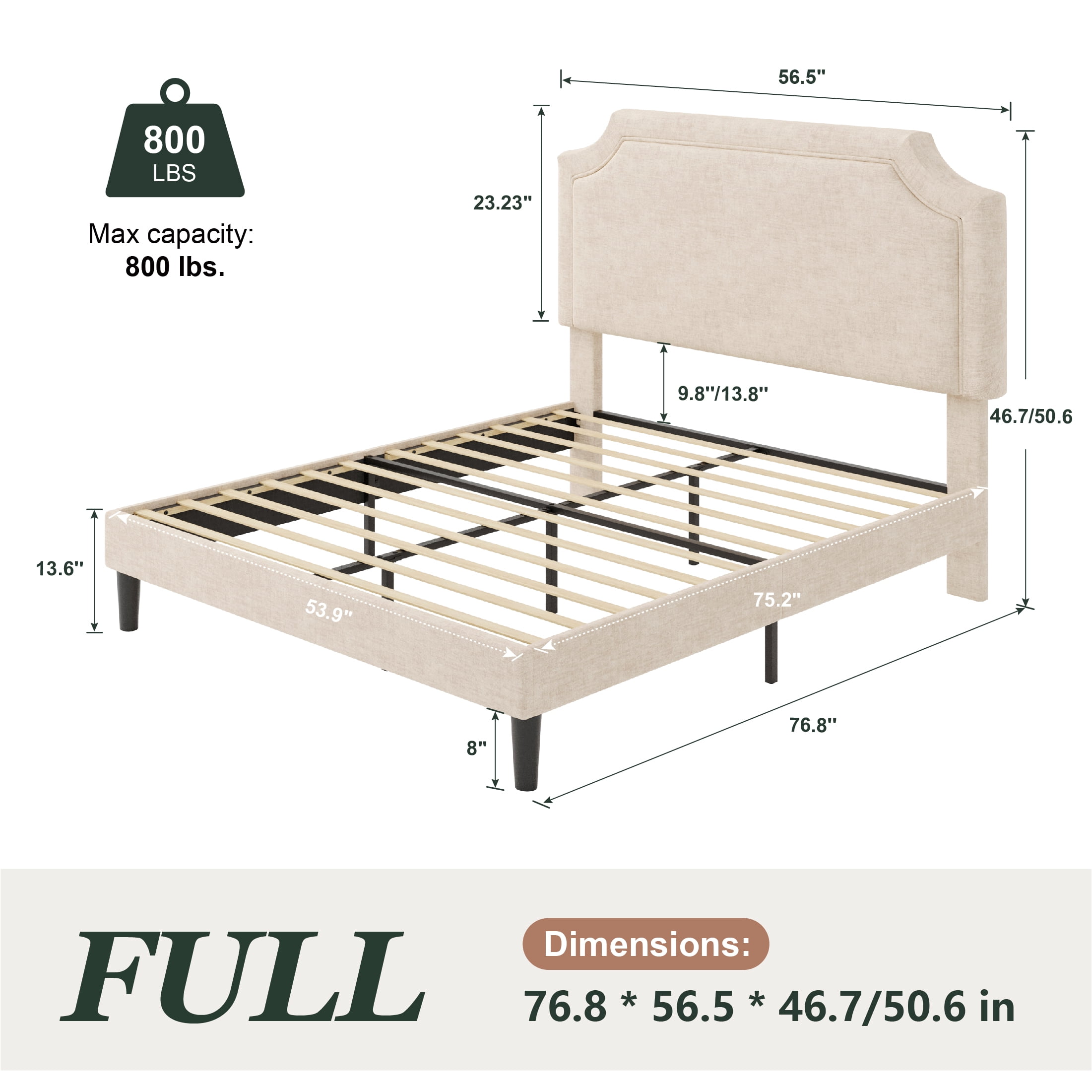 Amolife Full Bed Frame, Upholstered Platform Bed with Streamlined Adjustable Headboard, No Box Spring Required, Beige, Chenille Fabric