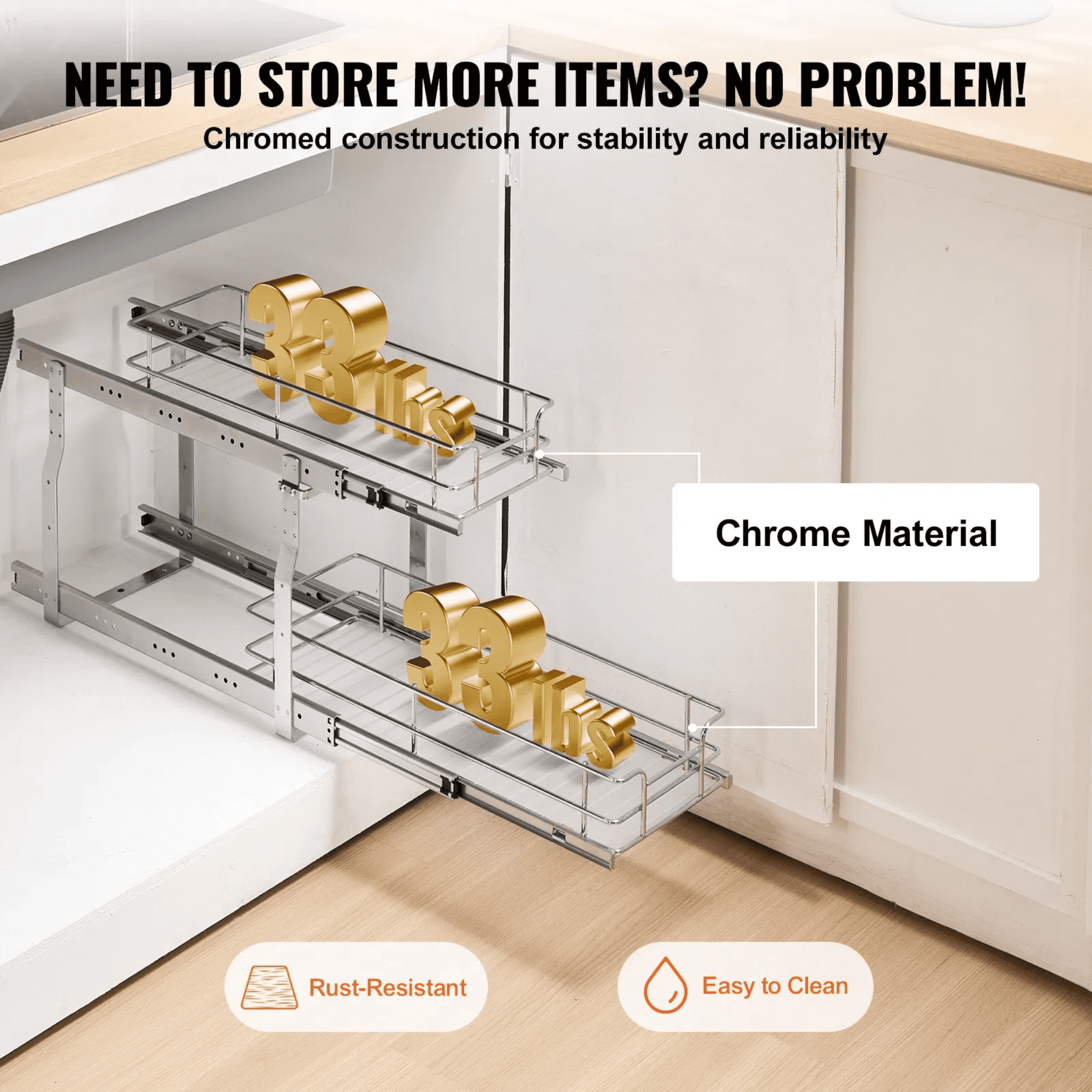 Narrow Pull Out Cabinet Organizer, 2 Tier Slide Out Kitchen Cabinet Organizer, Heavy Duty Steel Roll Out Drawer for Under Sink Storage & Pantry Cabinets, 8.5” W x 21” D