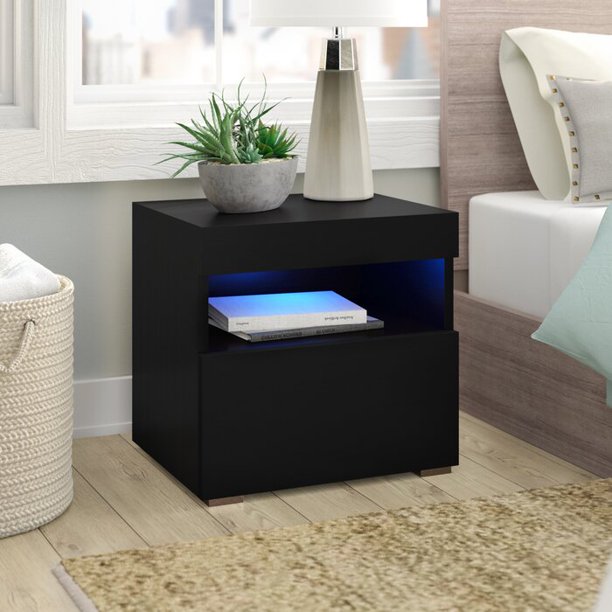 High Gloss LED Nightstand with Drawer Storage, Bedroom End Table, w/RGB