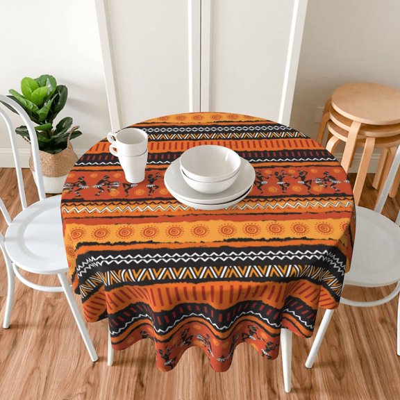 Round Tablecloth 60 Inch, African Women Mudcloth Tribal Print Orange Striped Tablecloth for Outdoor Home Kitchen Decor, Washable Wipeable Polyester Fabric Table Cloth Cover for Farmhouse Holiday Party