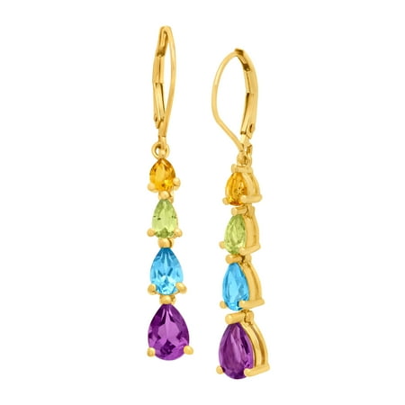 3 ct Pear-Cut Natural Citrine, Peridot, Swiss Blue Topaz and Amethyst Drop Earrings in 10kt Gold