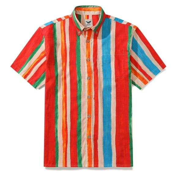 YIUME Men's Aloha Shirt Colorful Stripe Pattern Cotton Short Sleeve Button Down