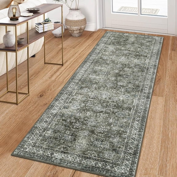 2x6 Bordered Abstract Runner Rug, Non Slip Washable Low Pile Soft Carpet for Hallway Kitchen Entryway,Brown Green