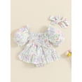 thumbnail image 3 of Suagox Baby Girls Floral Romper Dress Short Puff Sleeve Shirred Jumpsuit with Bow Headband for 0-18 Months Baby, 3 of 10