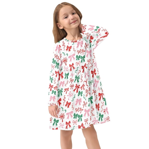 Girls Dress Soft Casual Long Sleeve Cute Dress for Girls Fashion Prints Christmas Bows Crew Neck