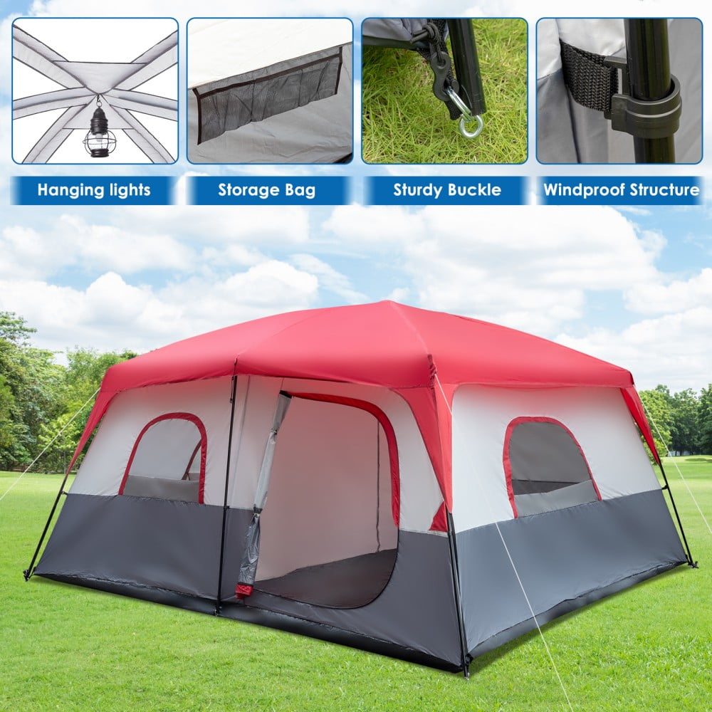IVV Extra-Large Family Tent for 14 People, Spacious 2-Room Cabin Tent with Steel Legs, Easy Setup, Waterproof Shelter, Ventilation & Breathable (Red & White)