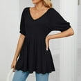 thumbnail image 2 of Women Summer Loose Top Mid Length Puff Sleeve V Neck Ruffle Hem Blouse for Female Black XXL, 2 of 7