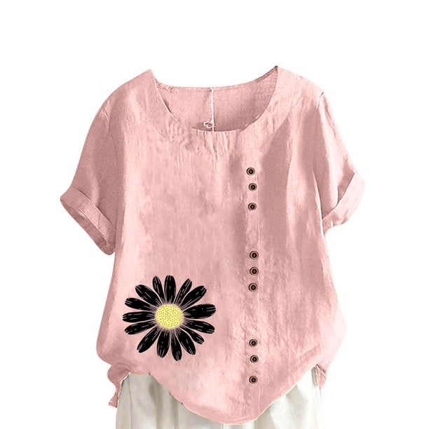Vestidos Casuales Para Mujer, Blusas De Mujer De Moda Blusa informal de lino con botones y manga corta estampada para mujer