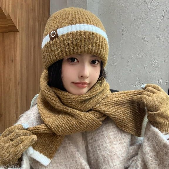 Winter Hats for Women Fleece Lined Beanie Knit Chunky Snow CapWinter Knitted Wool Hat Female Cold-proof Warm Hat Scarf Gloves Three-piece Set Fashionable All-match Ear Protection Pullover Hat Brown