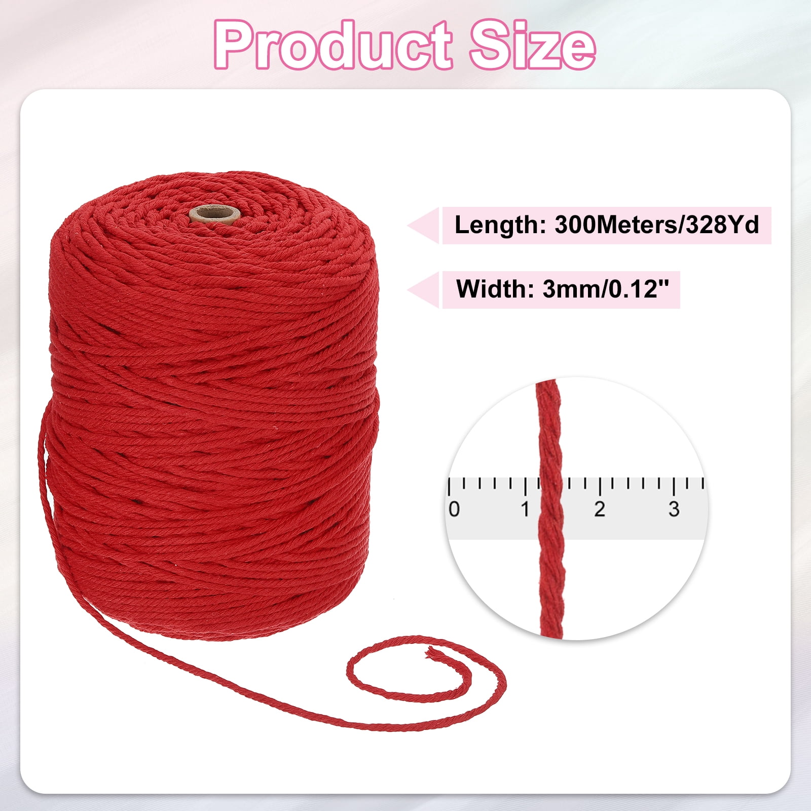 Uxcell Natural Macrame Cord 3mm x 328 Yards 4 Strand Twisted Cotton Macrame Rope for DIY Knitting Plant Wall Hanger Dreamcatcher, Bright Red
