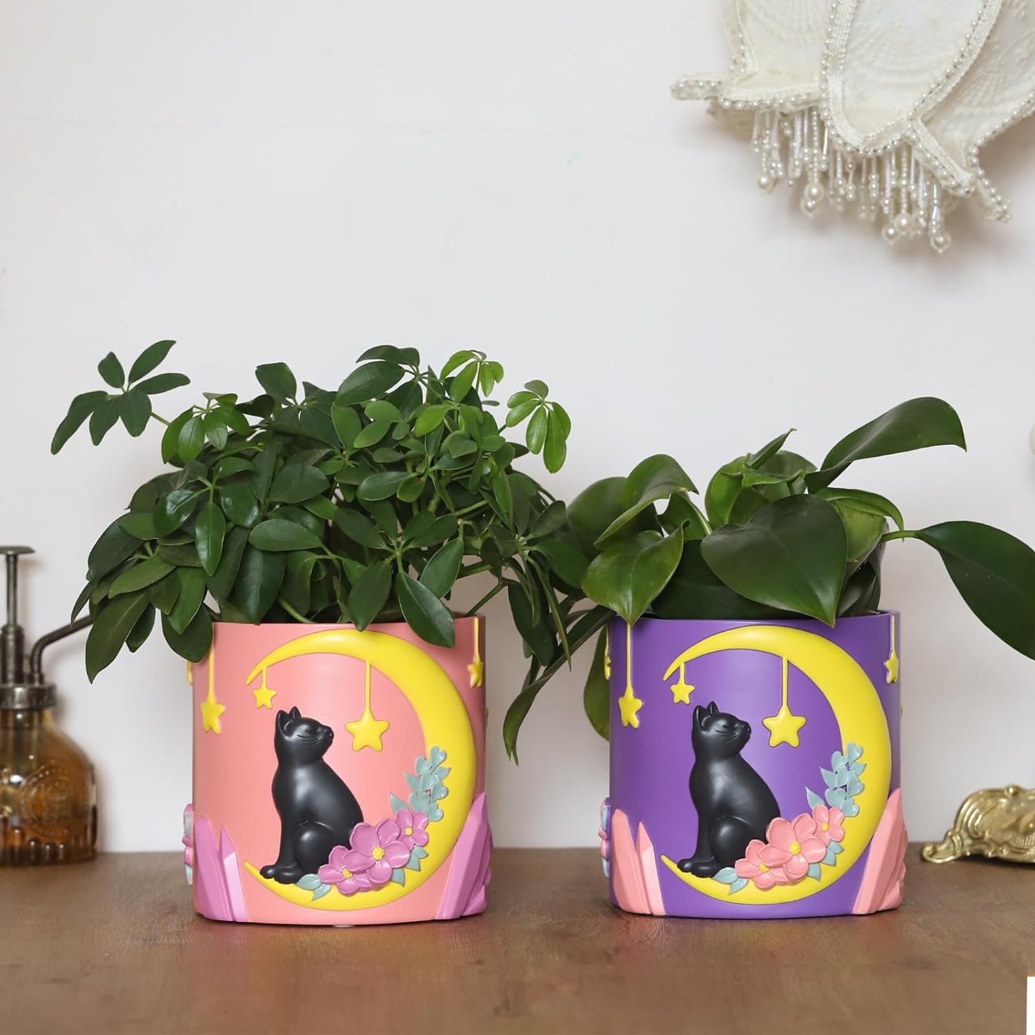 GUGUGO Moon Cat Cute Planters, Unique Plant Pot with Drainage, Rainbow Colorful Small Flower Planters Pots for Indoor Plants, Funny Succulent Gardening Pot Gifts Home Décor (C, Pink, 5Inch)